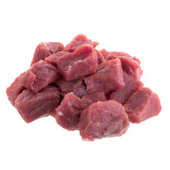 fresh raw beef cubes isolated on white background