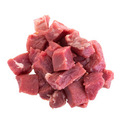 fresh raw beef cubes isolated on white background