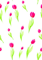 Seamless pattern flowers on a white background. Watercolor illustration of pink tulips.