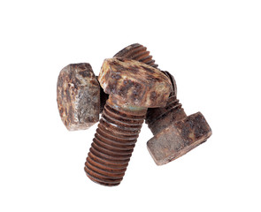 A pile of old  bolts and nuts on a white background