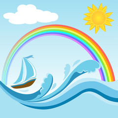 Fototapeta na wymiar Sailboat on sea waves with rainbow