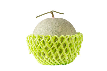 Sweet Japanese melon in green net foam protection on white background, healthy eating concept.