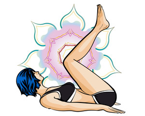 Woman doing yoga exercises. Mandala on the background. Vector image.
