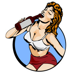 Doodle with a cheerful woman drinks wine from a bottle. Comics style. City on background. Text Friday. Beer glass. Vector image