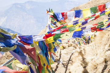 Wallpaper Macro tibetan prayer flags yellow blue red green white mountain path religion