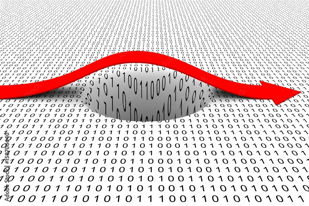 Poster arrow overcomes black hole in a binary code 3d illustration