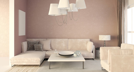 Mock up wall in interior with  sofa. living room modern style. 3d illustration