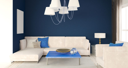 Mock up wall in interior with  sofa. living room modern style. 3d illustration