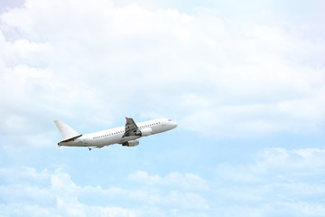 Fototapeta na wymiar Airplane is flying in a blue sky.