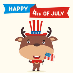 Happy 4th of july! Funny deer with flag USA for independence day. Greeting card for independence day USA with cartoon deer.
