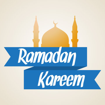 Ramadan Kareem greeting card with golden Islamic mosque. Illustration for muslim holy month Ramadan. Vector