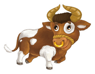 Cartoon happy farm animal - cheerful bull is running smiling and looking - artistic style - isolated - illustration for children