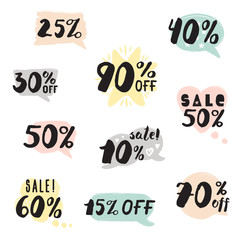 Handwritten ink sale lettering with percent set & pastel speech bubbles.