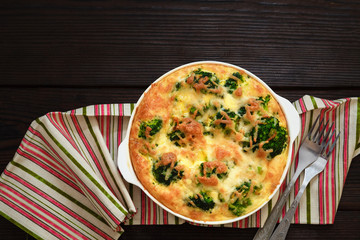 Broccoli baked with egg and cheese. Top view.