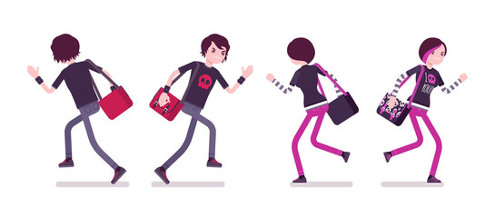 Emo boy and girl in running pose