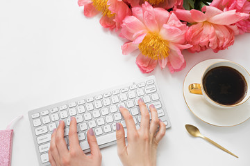 Flat lay, top view office table desk . feminine desk workspace