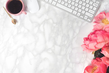 Flat lay, top view office table desk . feminine desk workspace