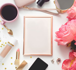 Flat lay, top view office table desk . feminine desk workspace