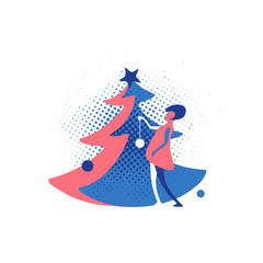 Christmas illustration, woman decorating New year tree
