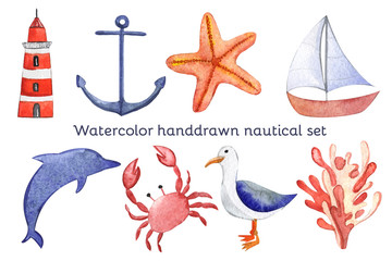Watercolor hand drawn sea nautical set