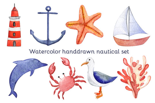 Watercolor hand drawn sea nautical set