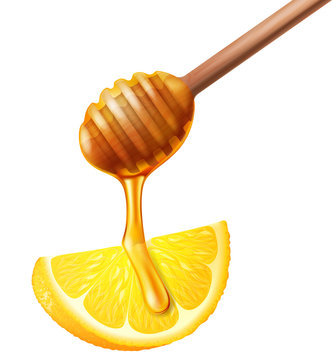 Wooden Honey Dipper And Lemon. Vector Illustration.