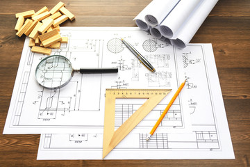 blueprint wooden block tower, planning, risk and strategy in business or architectural project