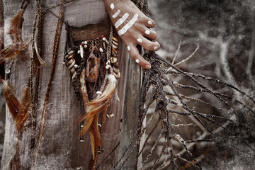 Indian woman hunter. close up hands