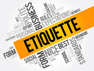 Etiquette word cloud collage, social business concept on blackboard
