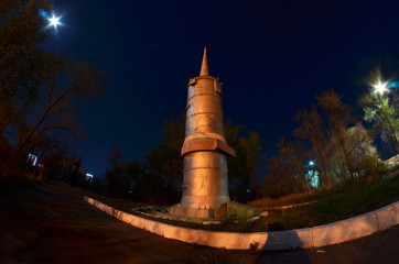 Monument of former Soviet  anti-ballistic missile testing range Sary Shagan at night time.Priozersk.Kazakhstan
