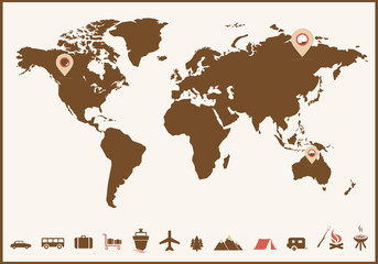 Map of the world and travel icons 