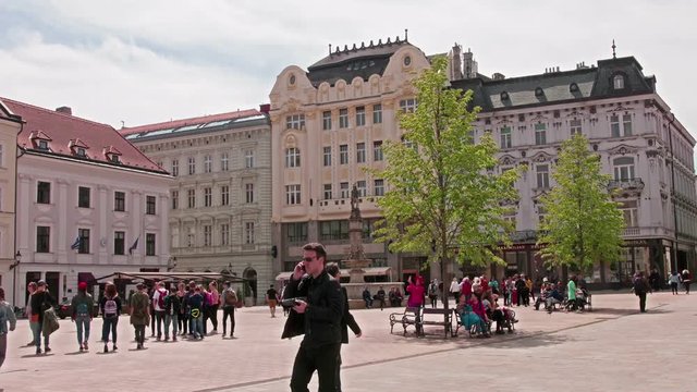 A Hyper lapse view of the central Hlavn&eacute; square in Bratislava.
