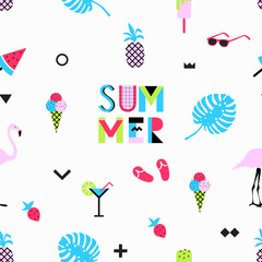 Summer seamless pattern with pink flamingos. Memphis style with geometric elements and plants. Vector illustration