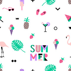 Summer seamless pattern with pink flamingos. Memphis style with geometric elements and plants. Vector illustration