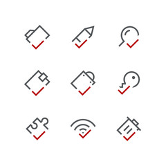 Checkmark outline vector icon set - folder, pencil, search, wallet, package, key, puzzle, wi fi and trash can with tick or checkbox symbols. Contacts, business and internet signs.