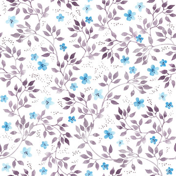 Seamless vintage floral background with cute ditsy flowers and leaves. Watercolour painted art