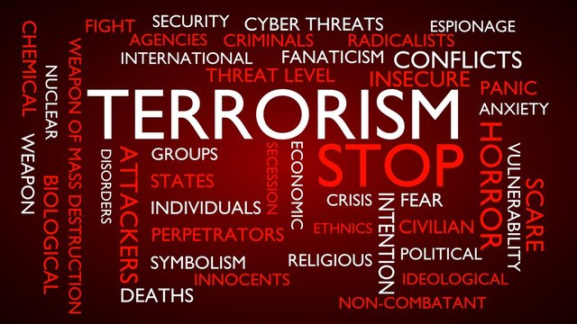 Terrorism, stop word tag cloud. 3D rendering, red variant.