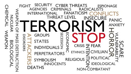 Terrorism, stop word tag cloud. 3D rendering, white variant.
