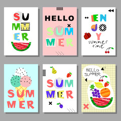 Summer  bright memphis style cards set. Design with geometric elements food and plants on decorative colorful frame vector illustration 