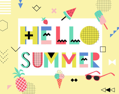 Summer  bright memphis style card Hello summer. Design with geometric elements food and plants on decorative colorful frame vector illustration 