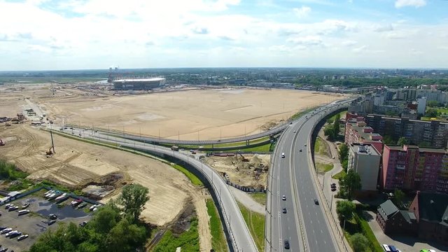 Aerial view of the construction of the football stadium for the World Championship in 2018 in Kaliningrad, Russia