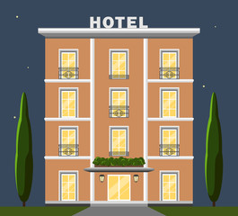 Vector image illustration of hotel, reservation, porter, recreation, building. Flat design and night sky on background. French and italian style of architecture.