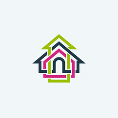 Monoline geometrical building symbol. House sign, icon with green arrow, eco concept.