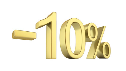 Gold text 10 percent off on white background without shadow 3D render