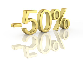 Gold text 50 percent off on white background with reflection 3D render