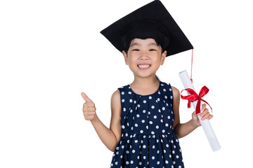 Asian Little Chinese girl wearing graduation cap and holding diploma