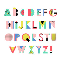 Artistic Alphabet in trendy Memphis geometric style. Creative font. Vector English Alphabet Set. - 158714005