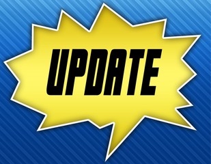 Bright yellow speech bubble with UPDATE message. Blue striped background.