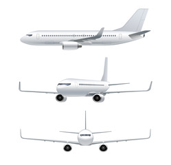 Flying airplane, jet aircraft, airliner. Front, side, 3d perspective view of detailed passenger air plane isolated on white background. Vector illustration