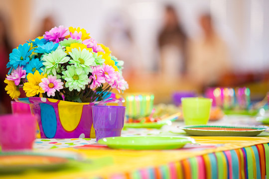 Serving Colorful Table With Decoration For Child Birthday